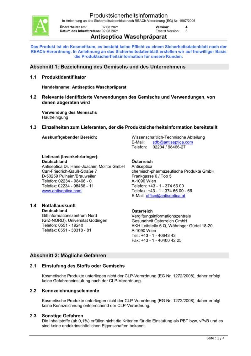 Antiseptica Washing Preparation Safety Data Sheet