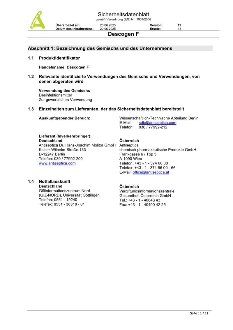 Descogen Liquid r.f.u. Safety Data Sheet
