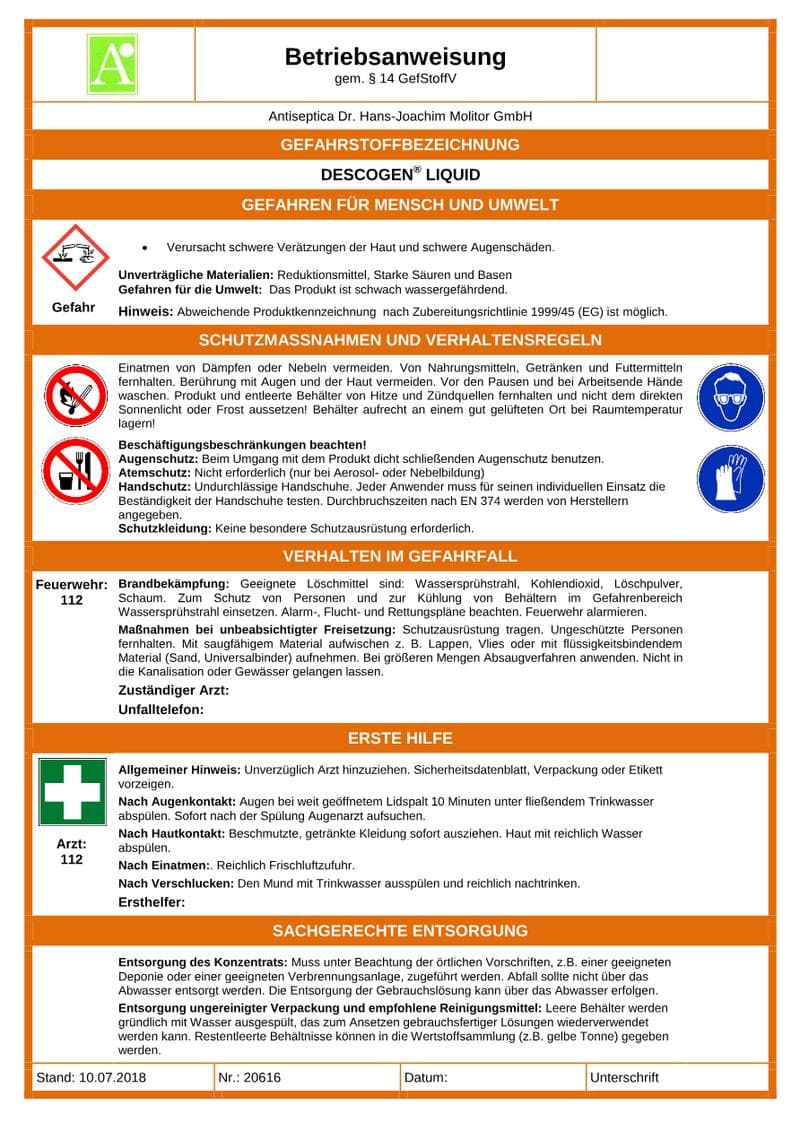 Descogen Liquid r.f.u. Operator Manual