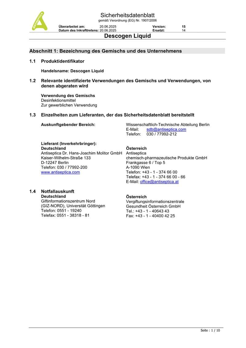 Descogen Liquid Safety Data Sheet