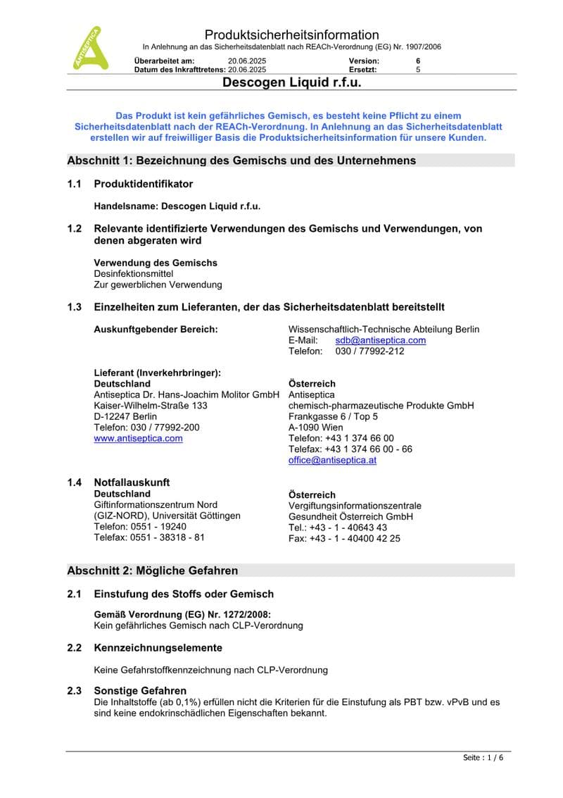 Descogen Liquid r.f.u. Safety Data Sheet