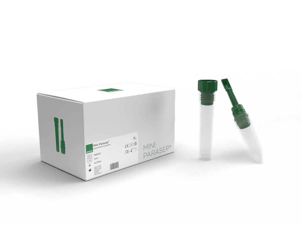 A Mini Parasep fecal parasite concentrator kit featuring a branded cardboard shipping box alongside two individual green-capped collection and filtration tubes.