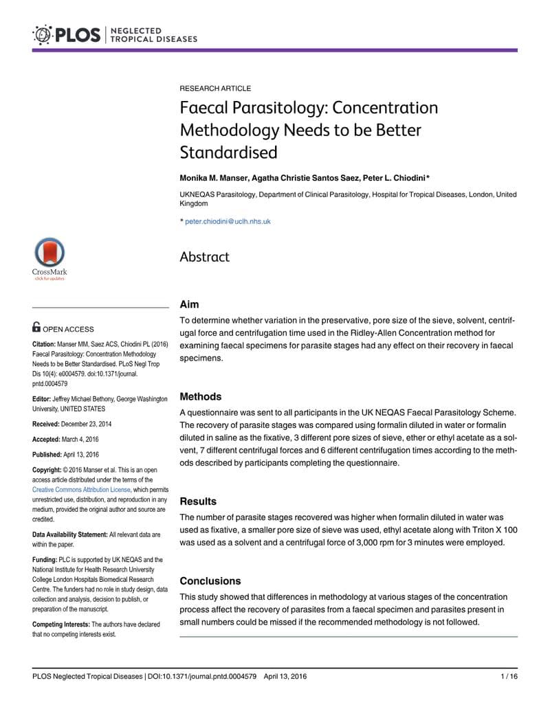 Parasep Fecal Concentrator Clinical Study