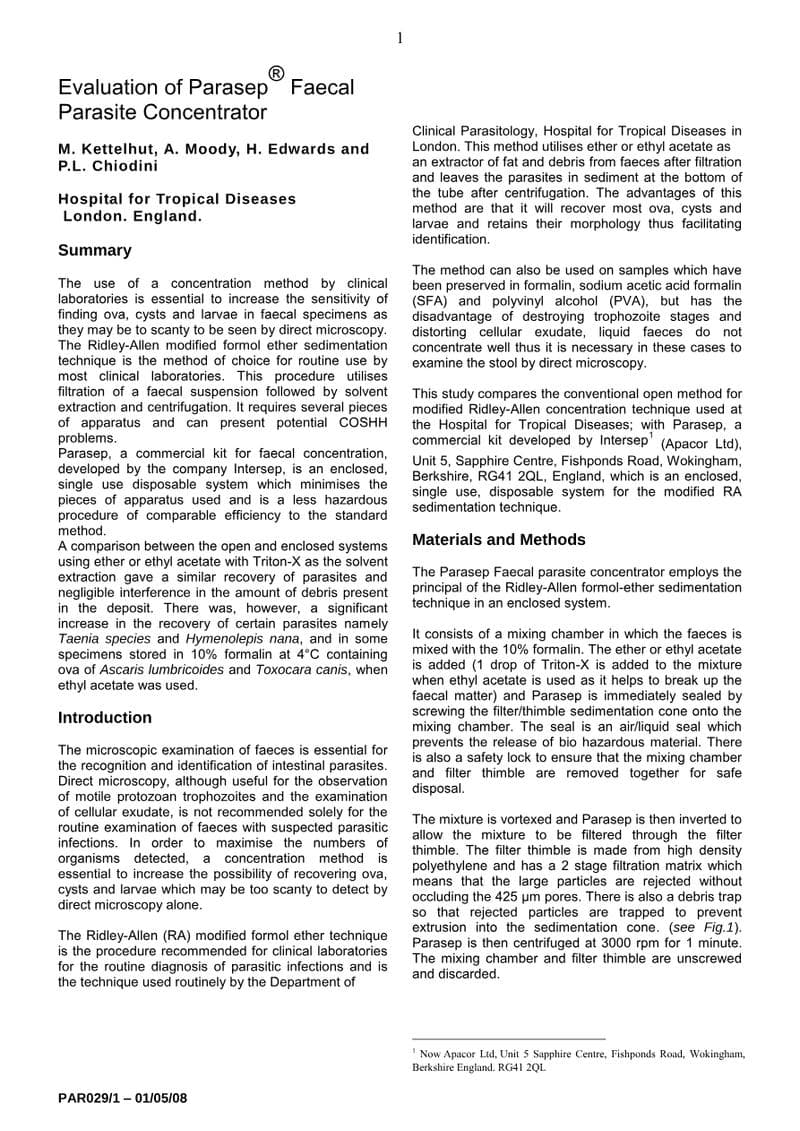 Parasep Fecal Concentrator Clinical Study