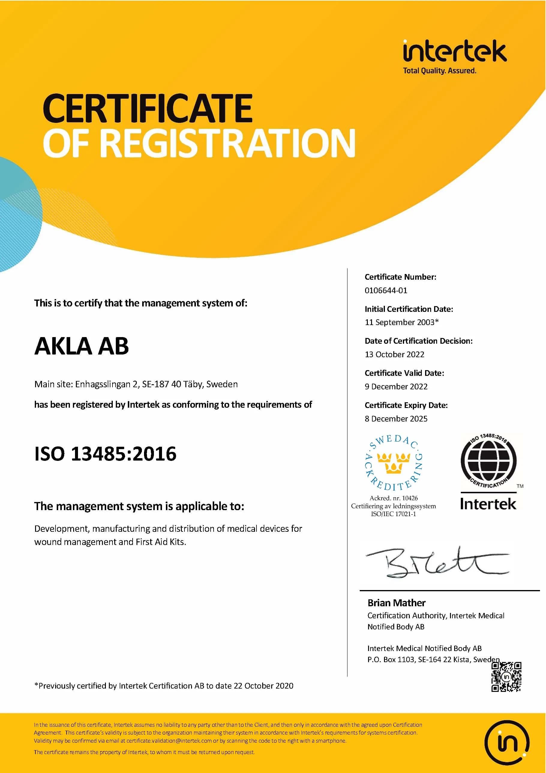 ISO 13485:2016 certificate (Intertek), medical device QMS