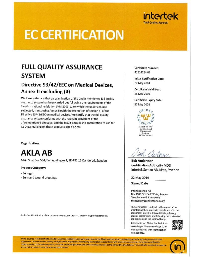 EC Certificate: AKLA FOR BURNS range