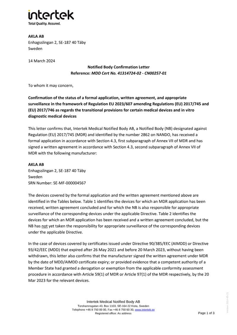 EU MDR / MDD Extension Confirmation Letter