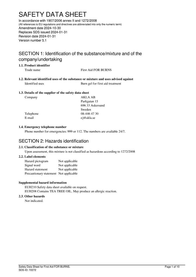 First Aid FOR BURNS: instructions for use