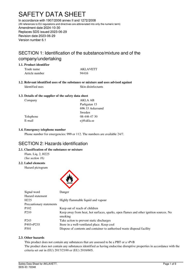 AKLAVETT disinfection wipe: product information