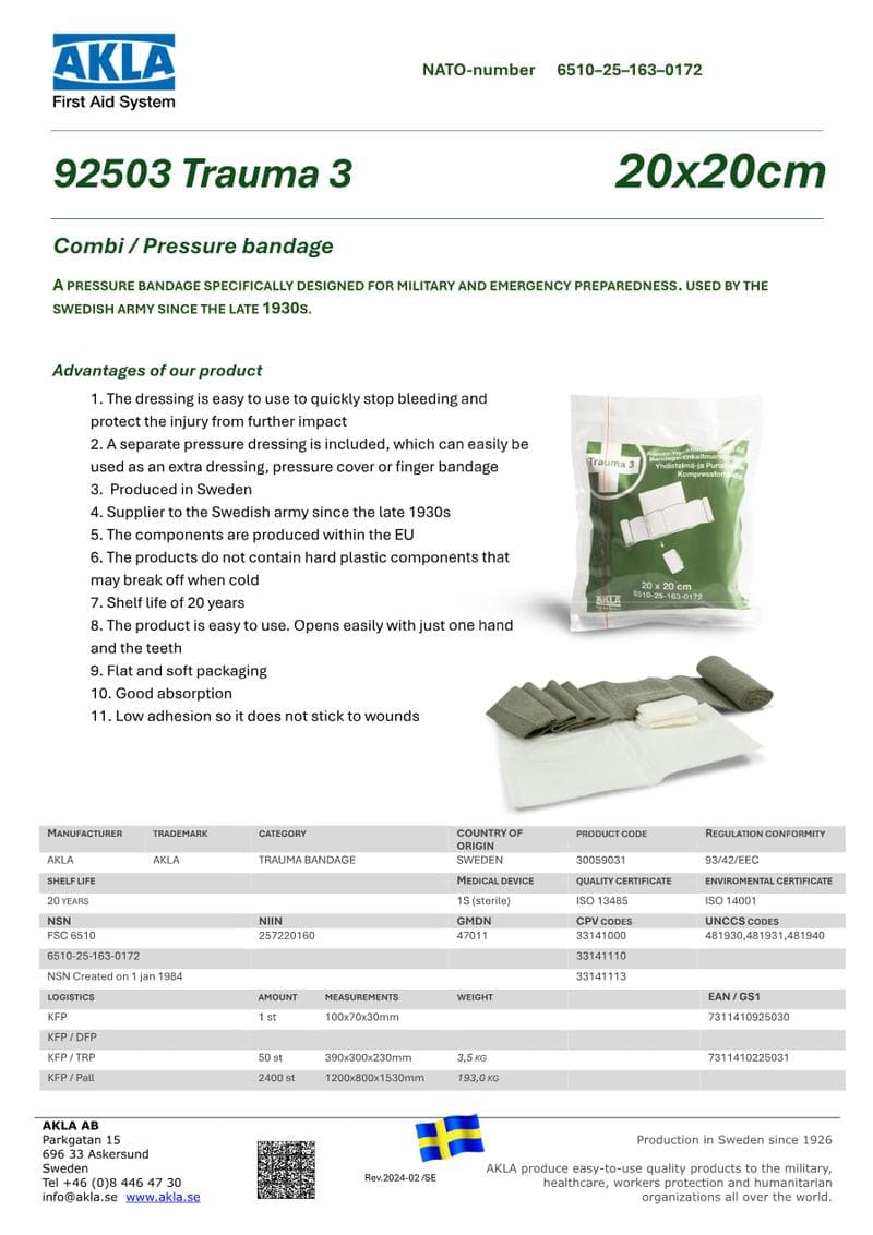Trauma 3 / Pressure Dressing 20x20 (92503) datasheet
