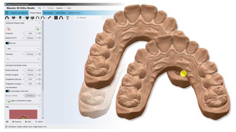 Maestro 3D Dental Studio interface demonstrating the 3D line generation tool for precise manual aligner cutting and trimming.