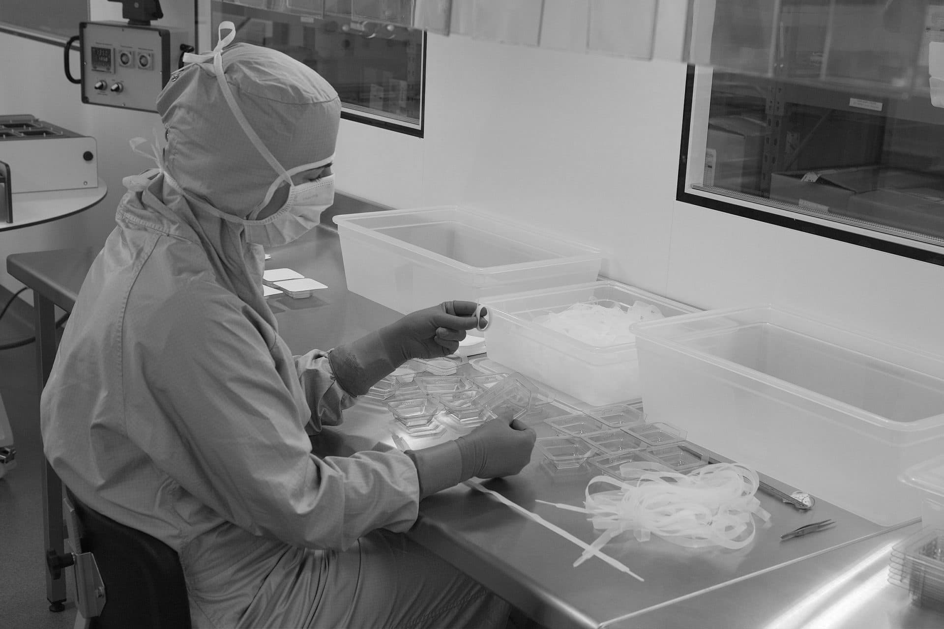Clean-room assembly and packaging of implantable devices at the ABISS facility.