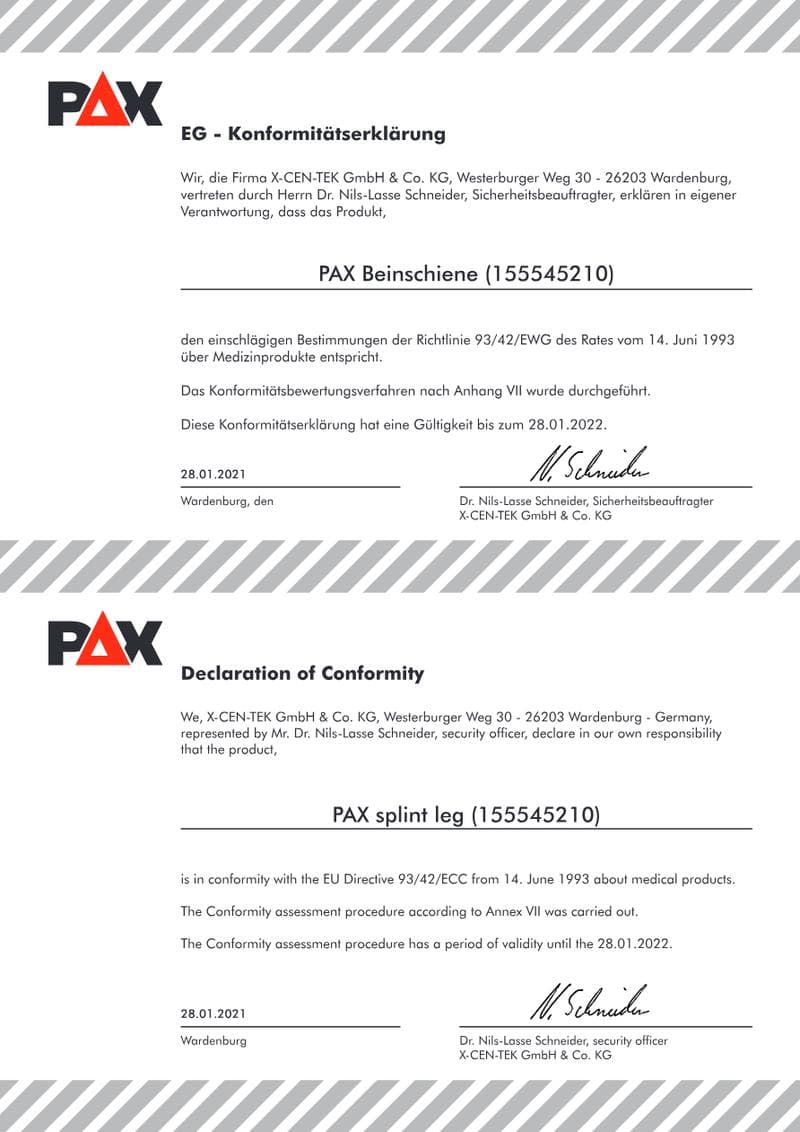 CE Declaration of Conformity: PAX Vacuum Splint (Leg)