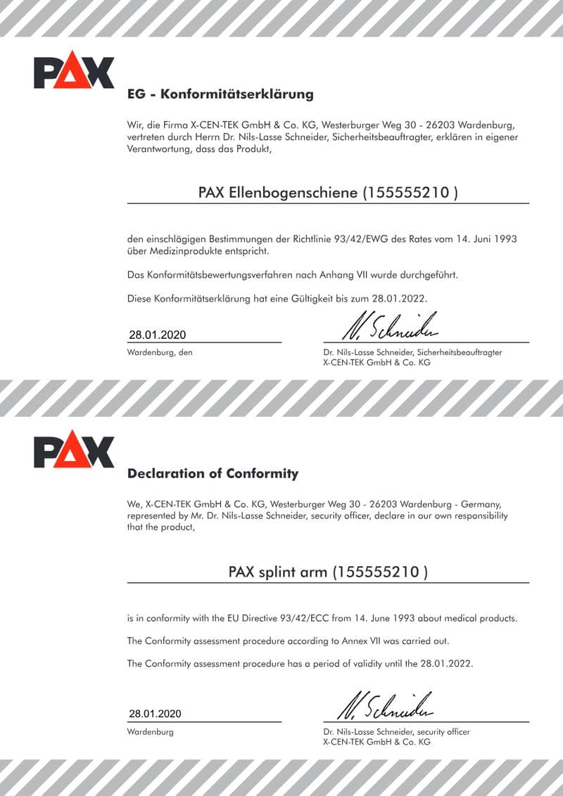CE Declaration of Conformity: PAX Vacuum Splint (Elbow)