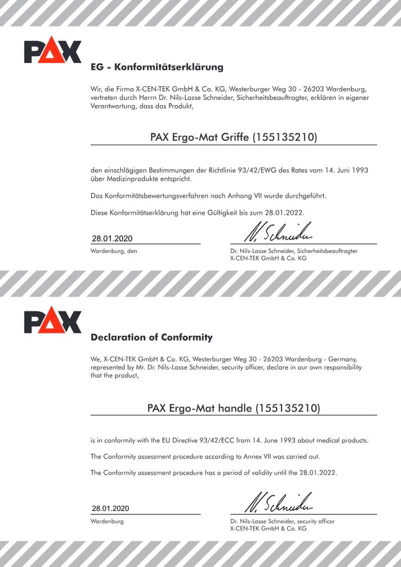 CE Declaration of Conformity: PAX Ergo-Mat Vacuum Mattress (Handles)