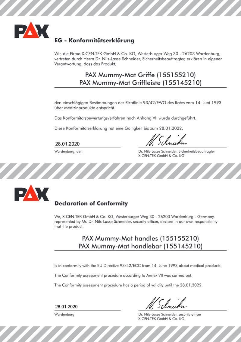 CE Declaration of Conformity: PAX Mummy-Mat Vacuum Mattress