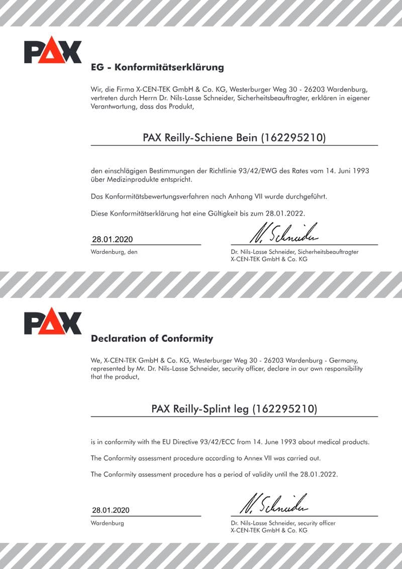 CE Declaration of Conformity: PAX Reilly Vacuum Splint (Leg)