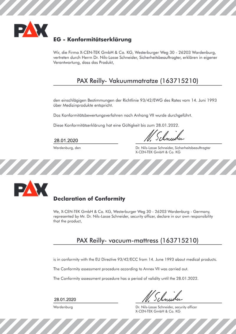 CE Declaration of Conformity: PAX Reilly Vacuum Mattress