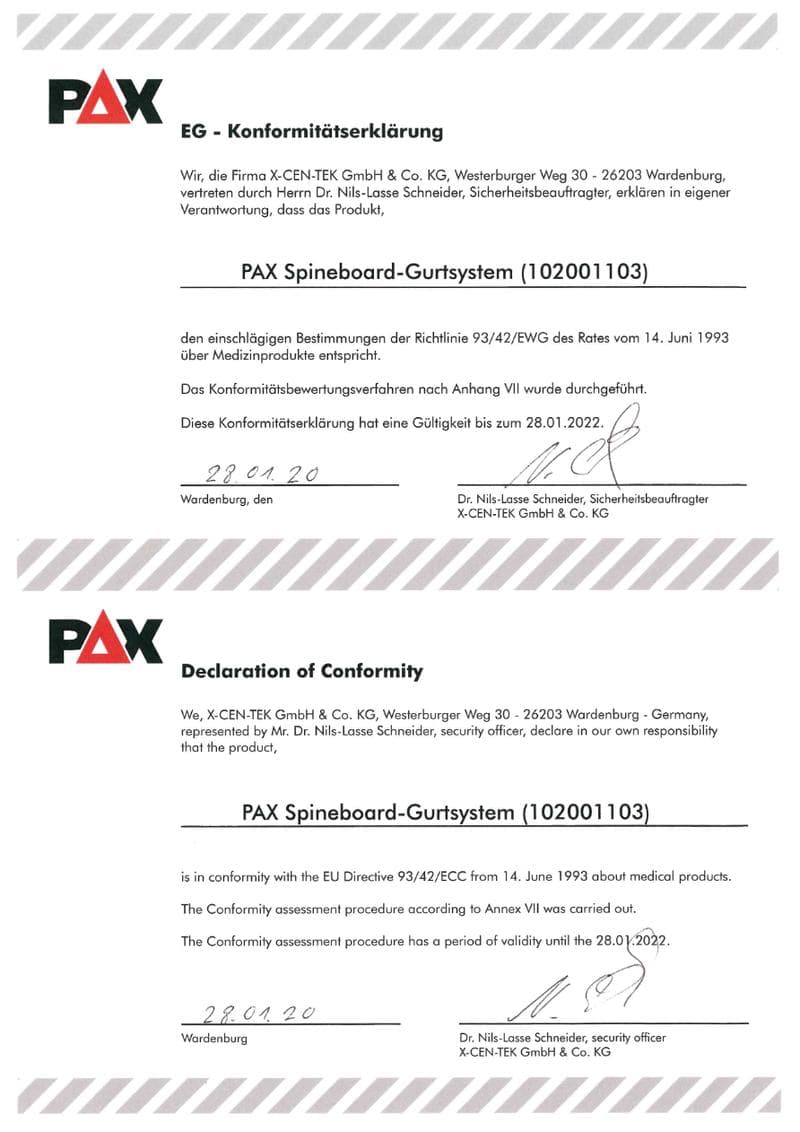 CE Declaration of Conformity: PAX Spineboard Strap System