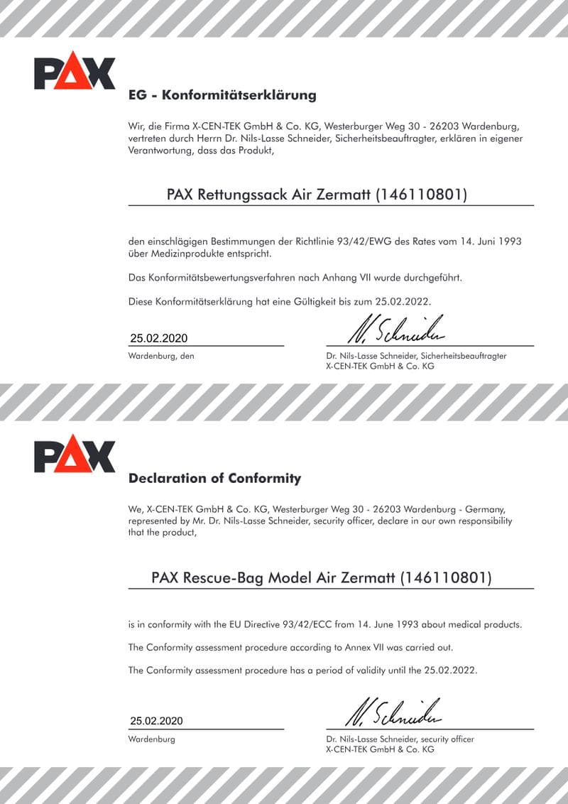 CE Declaration of Conformity: PAX Rescue Bag RTS Air