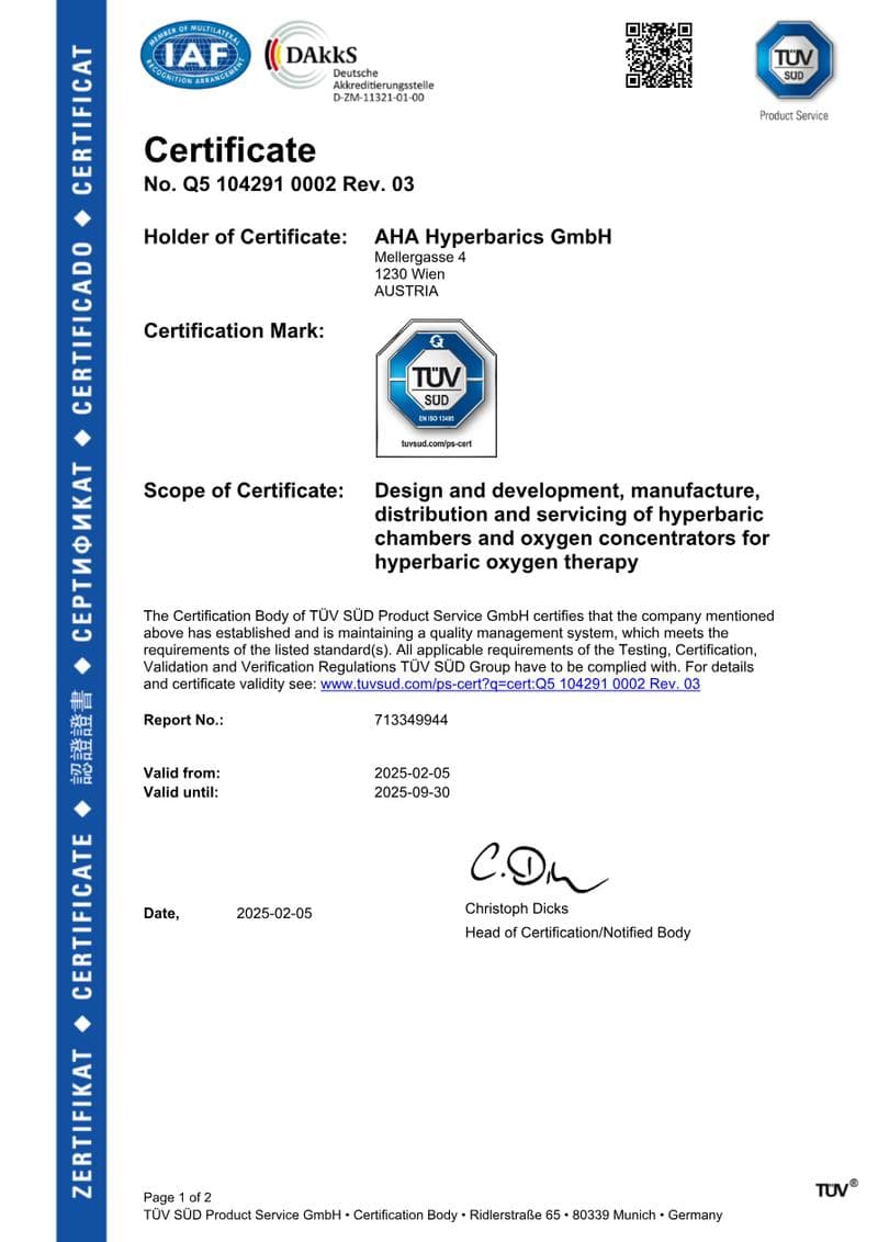 EC Certificate (CE 0123): AHA Hyperbaric Medical System