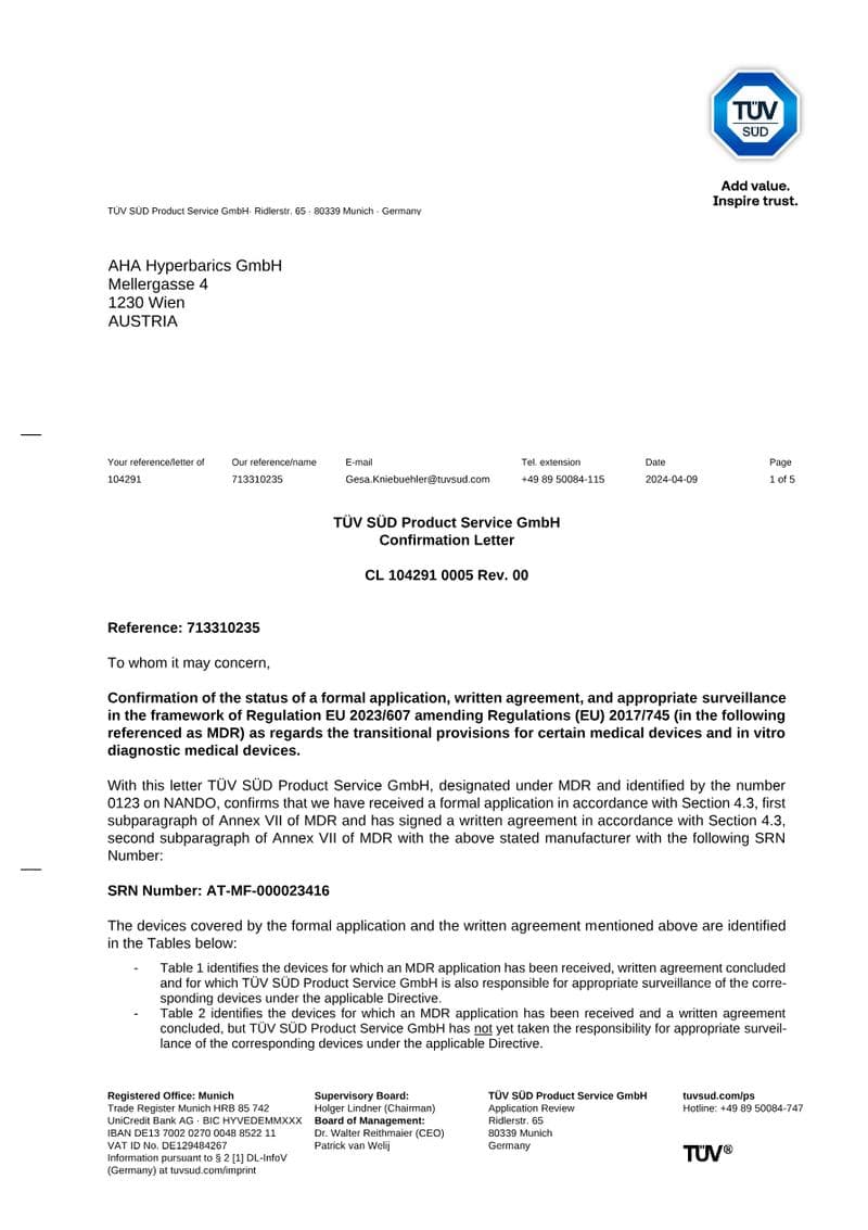 TÜV SÜD MDR Transition Confirmation Letter: AHA Hyperbarics