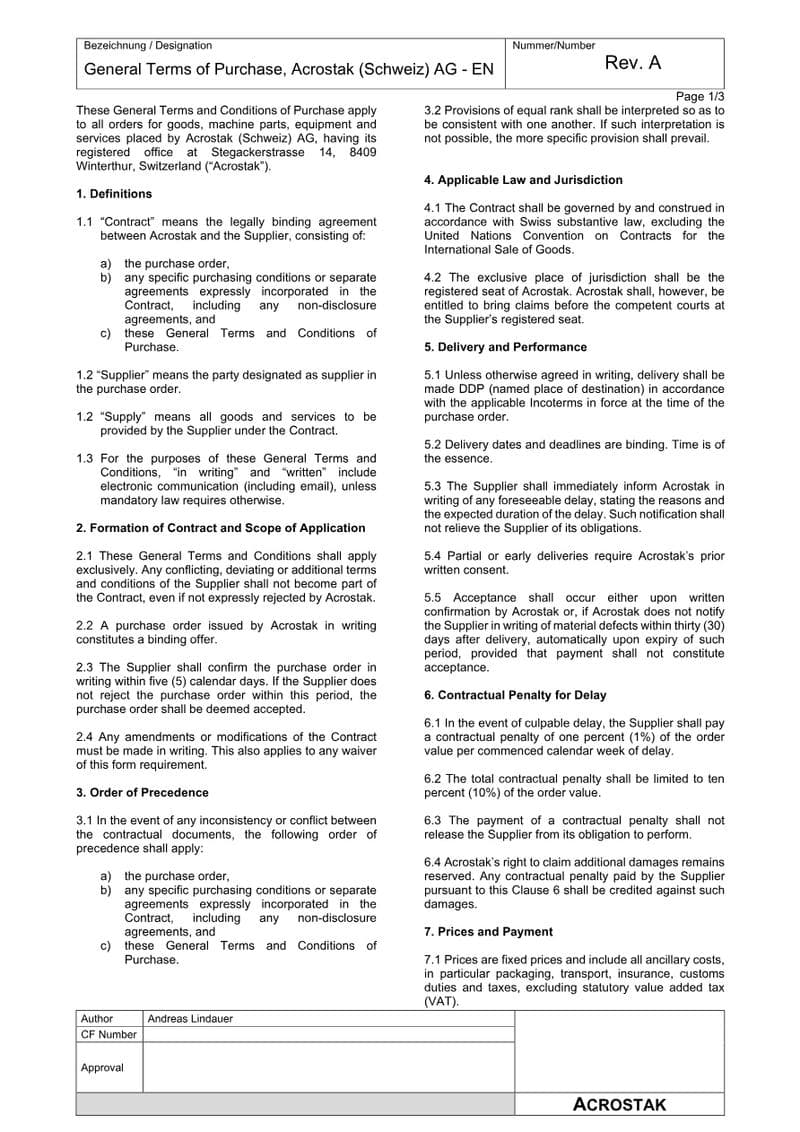 Acrostak (Schweiz) AG: General Terms & Conditions of Purchase (EN)