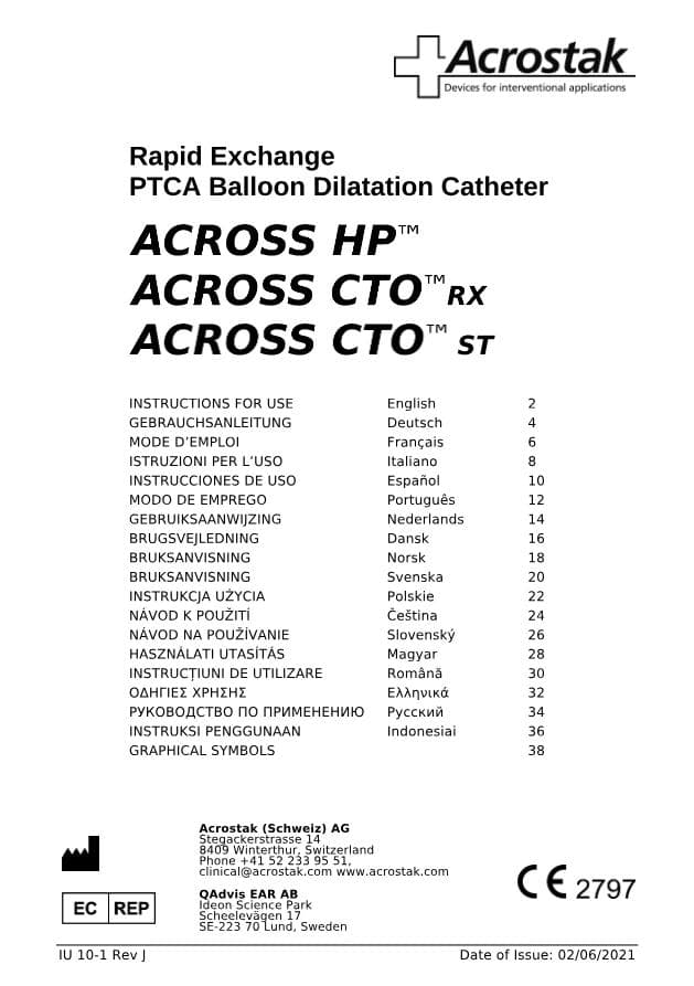 Instructions For Use: Across HP / Across CTO RX / Across CTO ST
