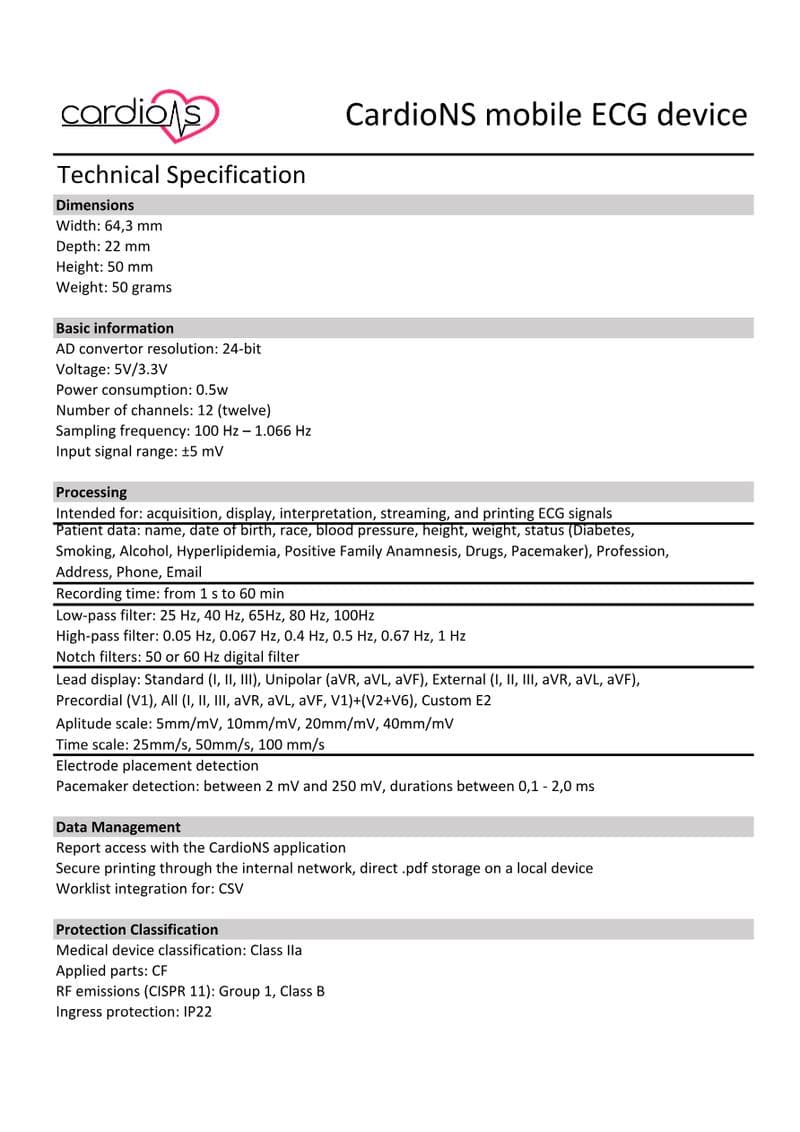 CardioNS ECG Device Spec Sheet