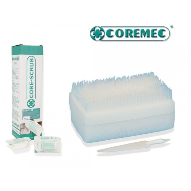 Shows a close-up of the surgical scrub brush bristles, sponge, and nail cleaner alongside the Coremec branded box.